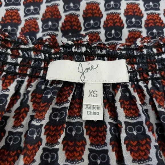 JOIE Masha Blouse Silk Owl Print Short Sleeve Keyhole Tassel Peasant Boho Top - Picture 6 of 8